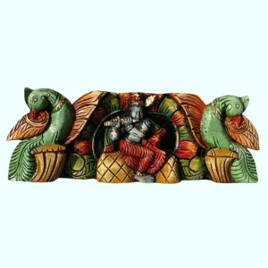 Krishna with pair of Parrots Wooden Wall Panel - 12 inch